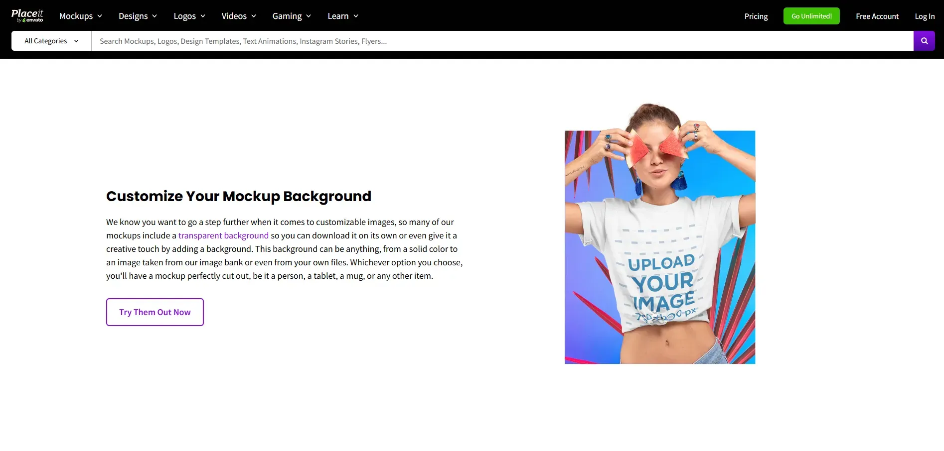 Placeit page highlighting customizable mockup backgrounds with transparent download option and preview image.